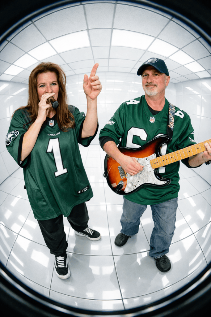 Band members performing in matching Eagles jerseys with microphone and guitar